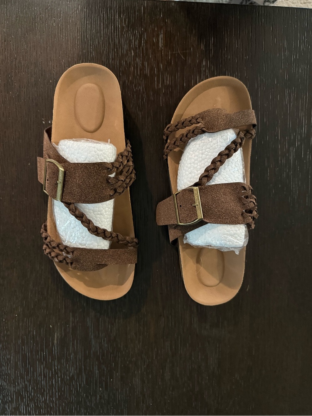 New Womens' Brown Braided Slide Sandals with Adjustable Buckle